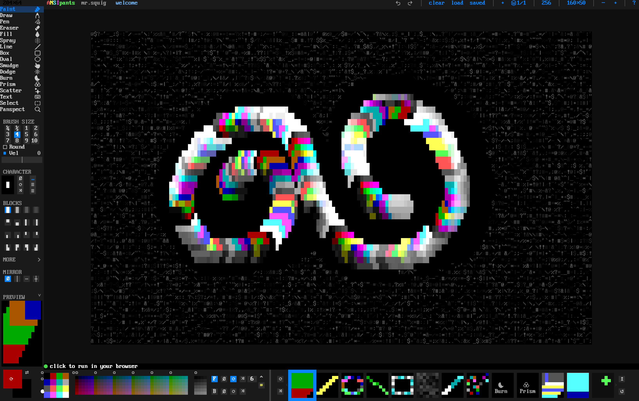 ANSIpants running in a browser, showing mr.squig